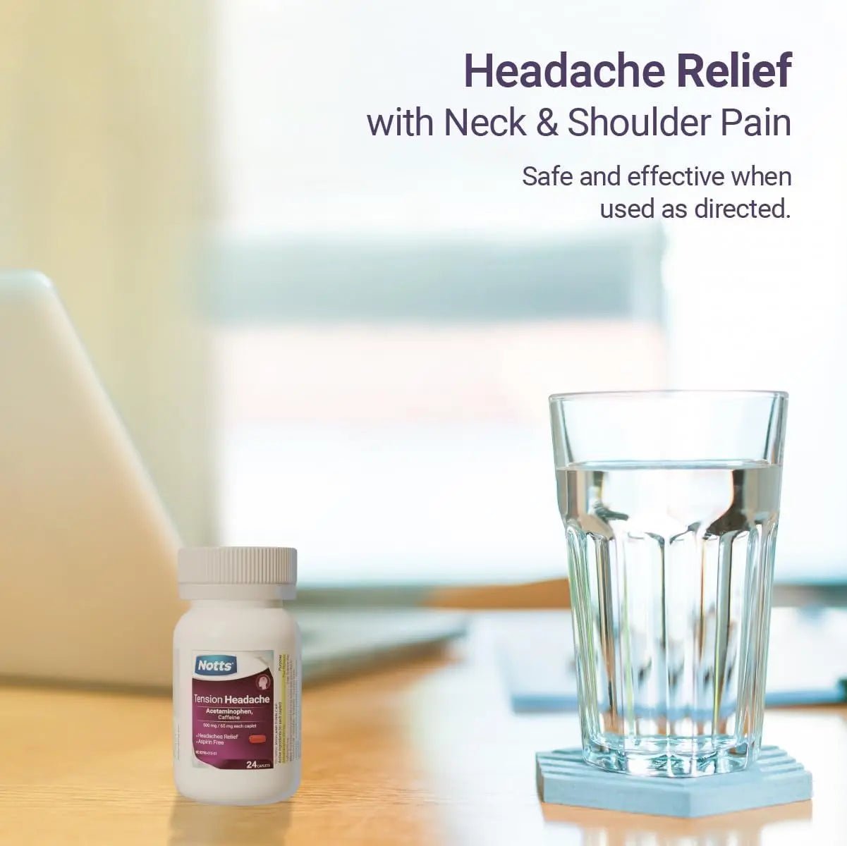 NOTTS Tension Headache Relief Without Aspirin for Head, Neck & Shoulder Pain - 100 Count, Acetaminophen 500 mg Caffeine 65 mg Caplets, for Aches Caused by Tension and Stress. Headache Relief caplets - dailyvitalstore