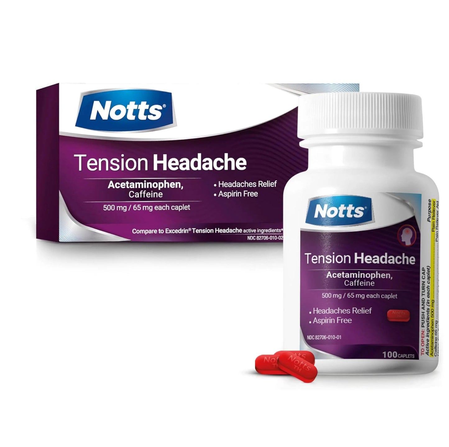 NOTTS Tension Headache Relief Without Aspirin for Head, Neck & Shoulder Pain - 100 Count, Acetaminophen 500 mg Caffeine 65 mg Caplets, for Aches Caused by Tension and Stress. Headache Relief caplets - dailyvitalstore
