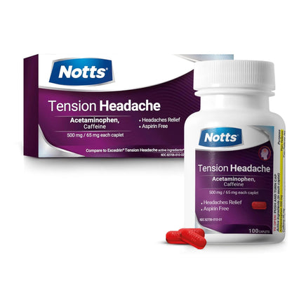 NOTTS Tension Headache Relief Without Aspirin for Head, Neck & Shoulder Pain - 100 Count, Acetaminophen 500 mg Caffeine 65 mg Caplets, for Aches Caused by Tension and Stress. Headache Relief caplets - dailyvitalstore
