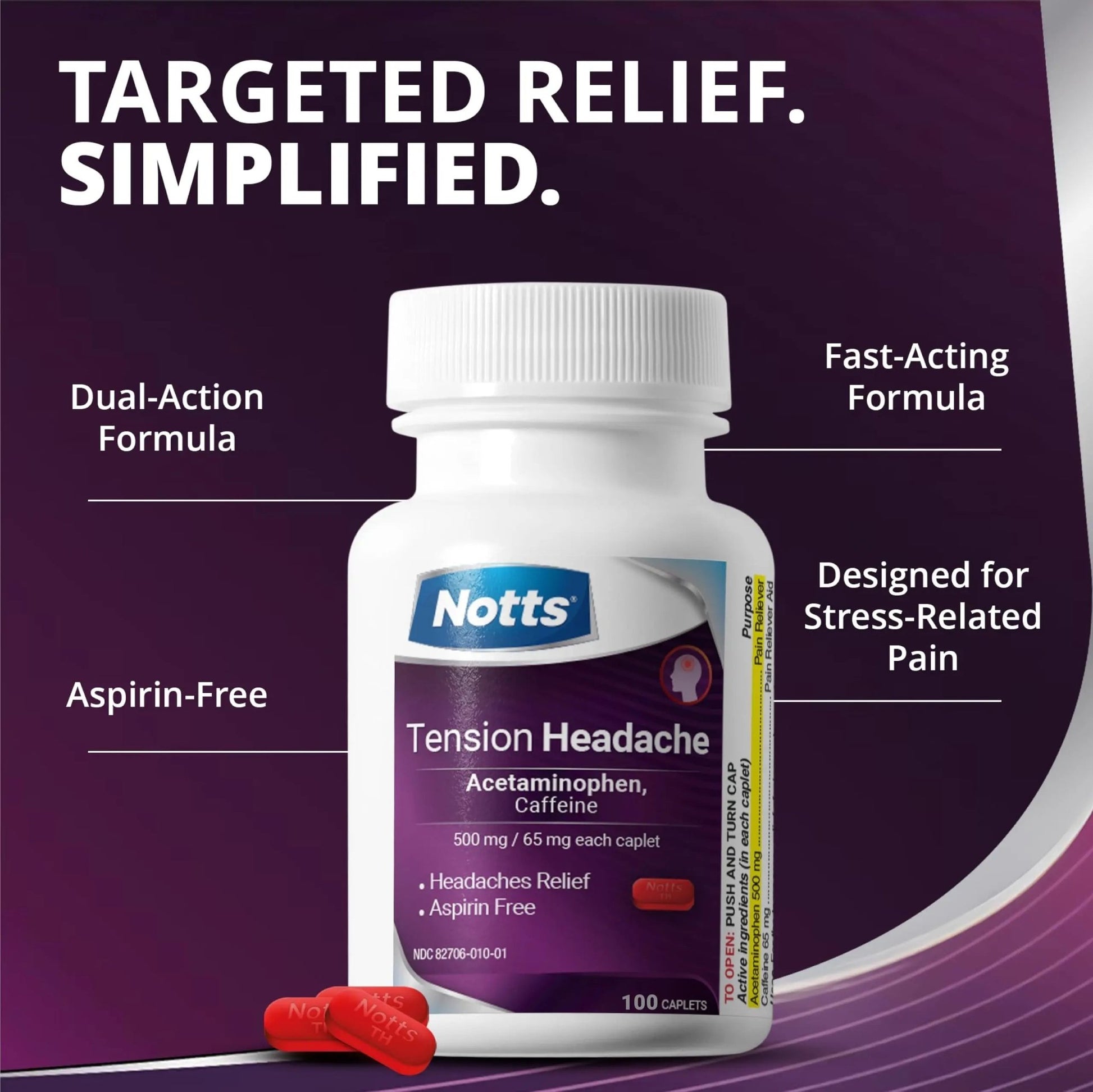 NOTTS Tension Headache Relief Without Aspirin for Head, Neck & Shoulder Pain - 100 Count, Acetaminophen 500 mg Caffeine 65 mg Caplets, for Aches Caused by Tension and Stress. Headache Relief caplets - dailyvitalstore