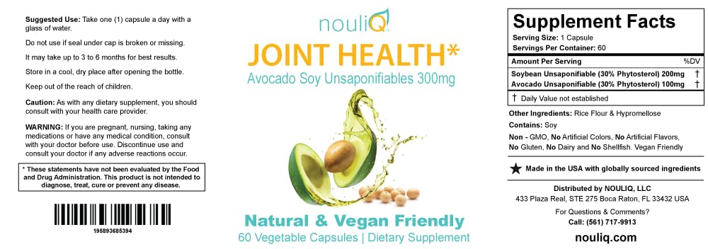 NOULIQ Natural & Vegan-Friendly Joint Health Supplement, Avocado Soy Unsaponifiables 300mg, Non-GMO, Free of Any Gluten, Artificial Colors or Flavors, Dairy and Shellfish, 60 Day Supply. - dailyvitalstore
