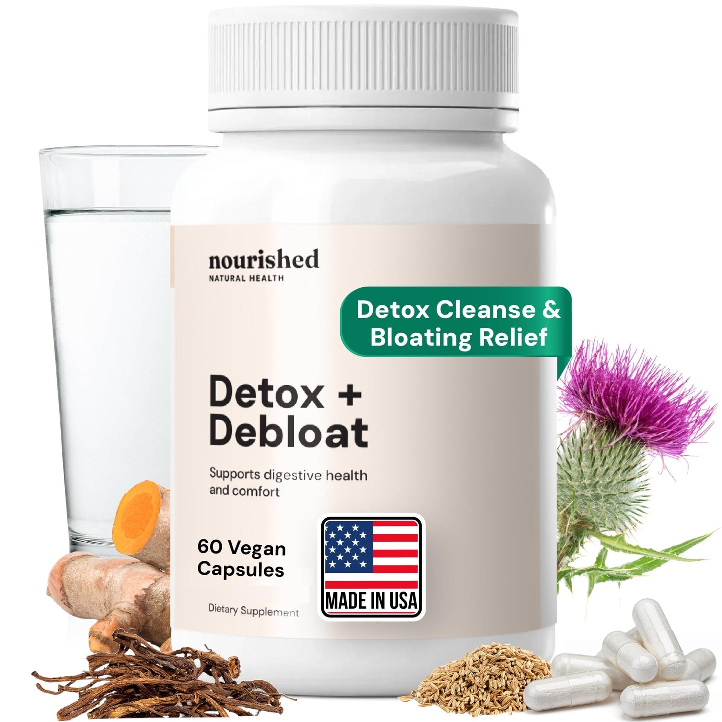 Nourished Natural Health Detox + Debloat - Detox Cleanse and Bloating Relief for Women - Liver and Digestive Support with Milk Thistle, Dandelion, Fennel & Turmeric - dailyvitalstore