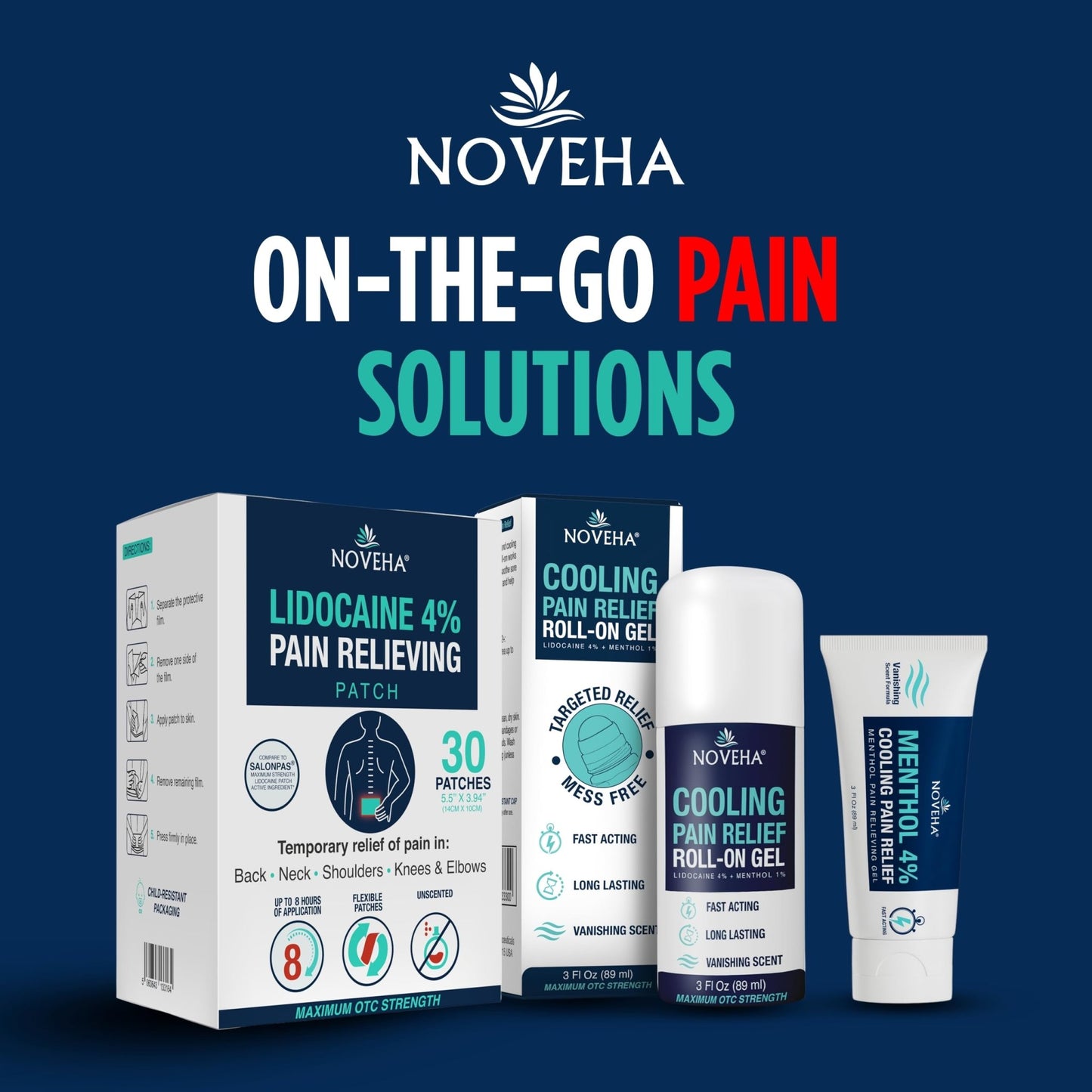 NOVEHA Lidocaine Roll-On Gel 4% | Maximum Strength Temporary Topical Pain Relief for Minor Muscle & Joint Aches | Cooling Formula with Menthol & Arnica | Non-Greasy, Quick-Drying | 2.5 fl oz - dailyvitalstore