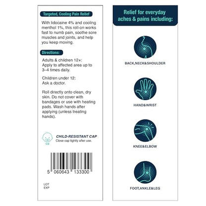 NOVEHA Lidocaine Roll-On Gel 4% | Maximum Strength Temporary Topical Pain Relief for Minor Muscle & Joint Aches | Cooling Formula with Menthol & Arnica | Non-Greasy, Quick-Drying | 2.5 fl oz - dailyvitalstore