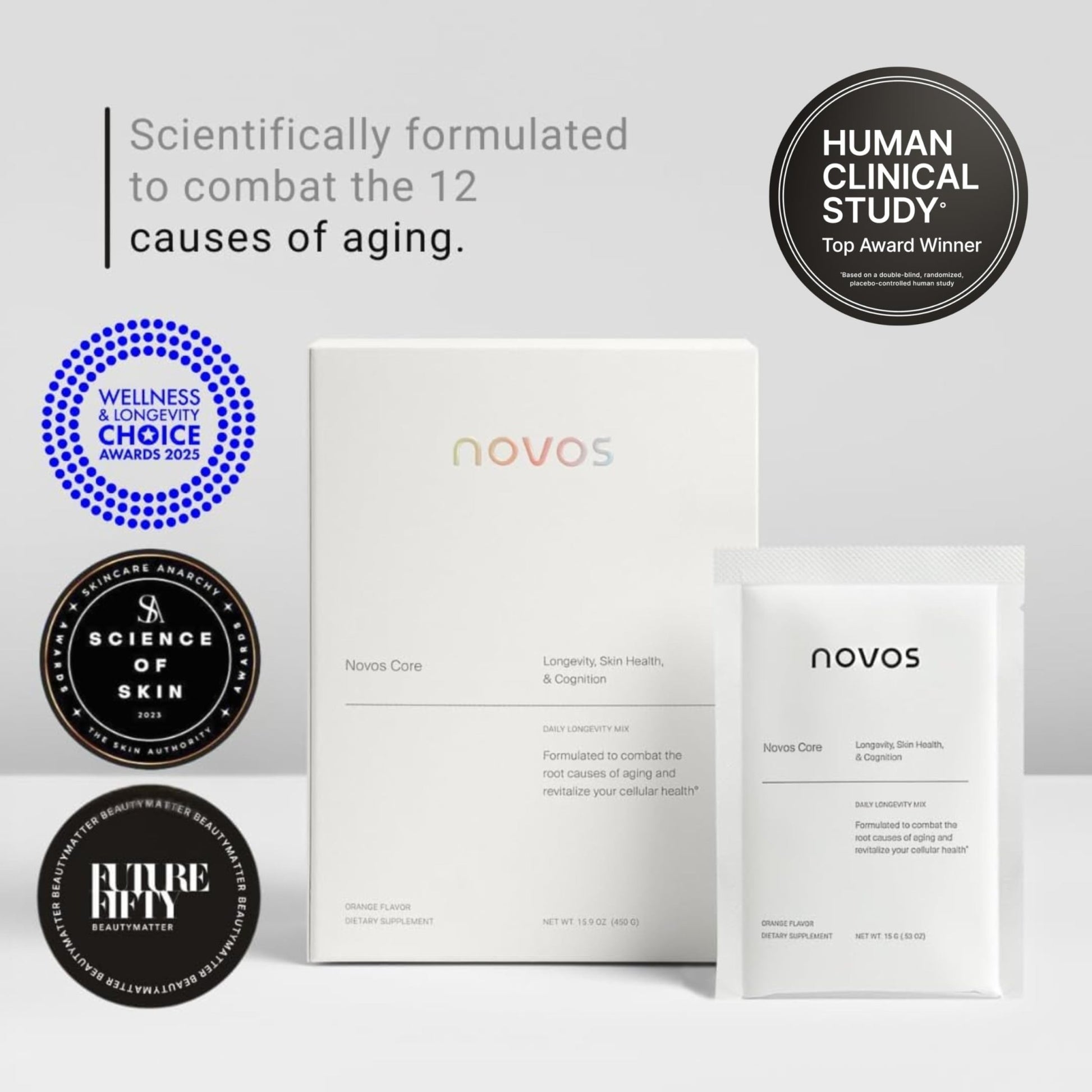 Novos Core Clinical Longevity Mix | Anti-Aging Supplement Drink Mix for Men & Women | Magnesium, L-Theanine, Fisetin and More | Supports Energy, Mood, Sleep & Cognition | Orange Flavor (30 Servings) - dailyvitalstore