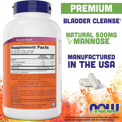 Now D-Mannose 500 mg, 300 Capsules - Vegan, Non GMO Supplement for Women and Men - Supports Healthy Urinary Tract, Cleanses The Bladder - dailyvitalstore