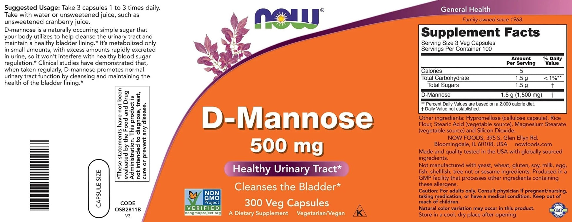 Now D-Mannose 500 mg, 300 Capsules - Vegan, Non GMO Supplement for Women and Men - Supports Healthy Urinary Tract, Cleanses The Bladder - dailyvitalstore