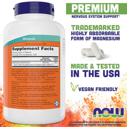 Now Foods Magnesium Glycinate, 240 Tablets - Supports Healthy Muscle and Nerve Functions - Non-GMO - dailyvitalstore