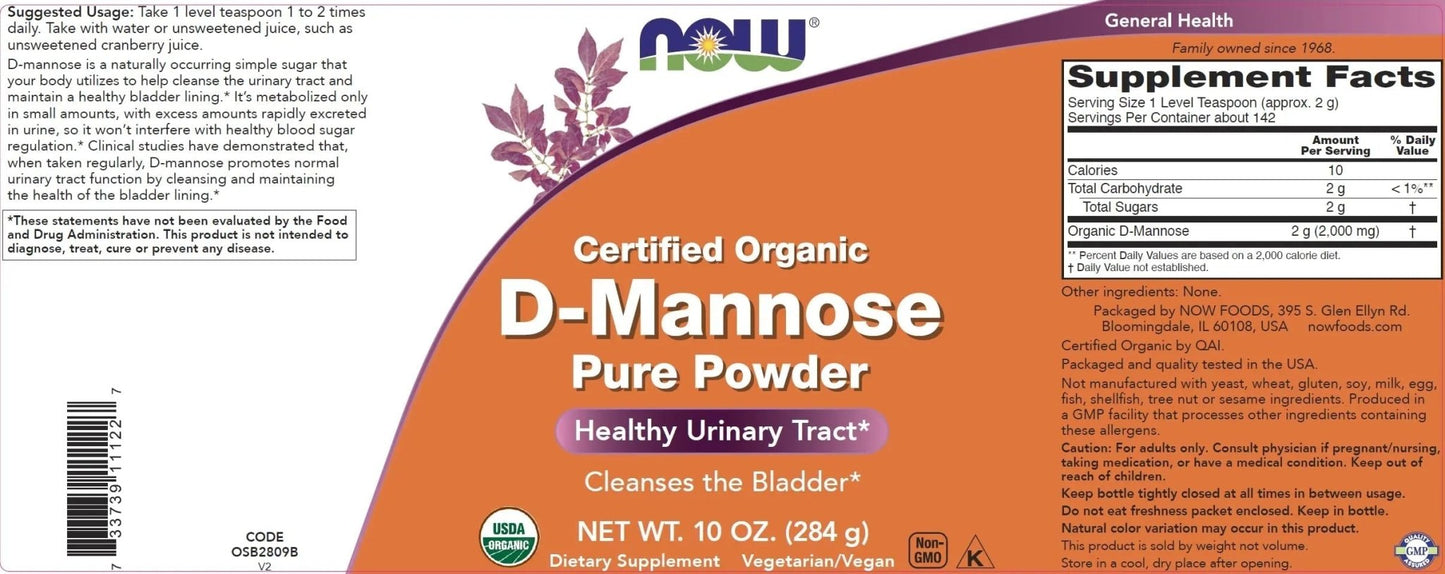 NOW Foods Pure, Organic D-Mannose 10 oz Powder (Pack of 2) - Bladder Cleanse and Urinary Tract Health Supplement - Non-GMO - Vegan Friendly - 2000mg / 2 Grams per Serving - dailyvitalstore