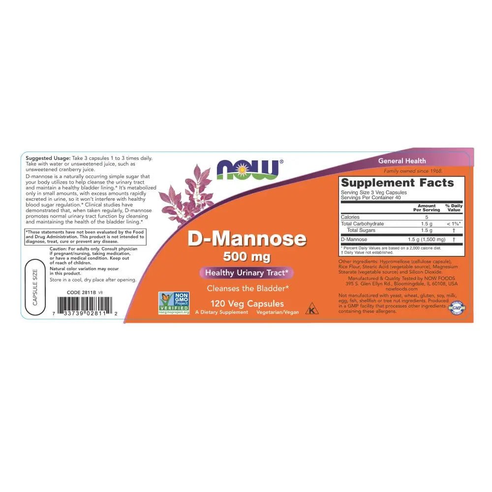 NOW Foods Supplements, D-Mannose 500 mg, Non-GMO Project Verified, Healthy Urinary Tract*, 120 Veg Capsules (Pack of 3) - dailyvitalstore