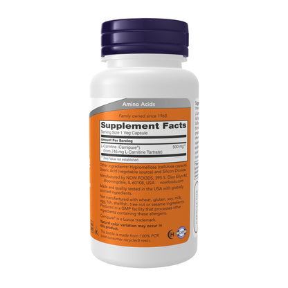 NOW Foods Supplements, L-Carnitine 500mg, Purest Form, Amino Acid, Fitness Support*, 60 Veg Capsules - dailyvitalstore