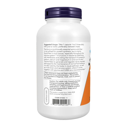 NOW Foods Supplements, Taurine 1,000 mg, Double Strength, Nervous System Health*, 250 Veg Capsules - dailyvitalstore