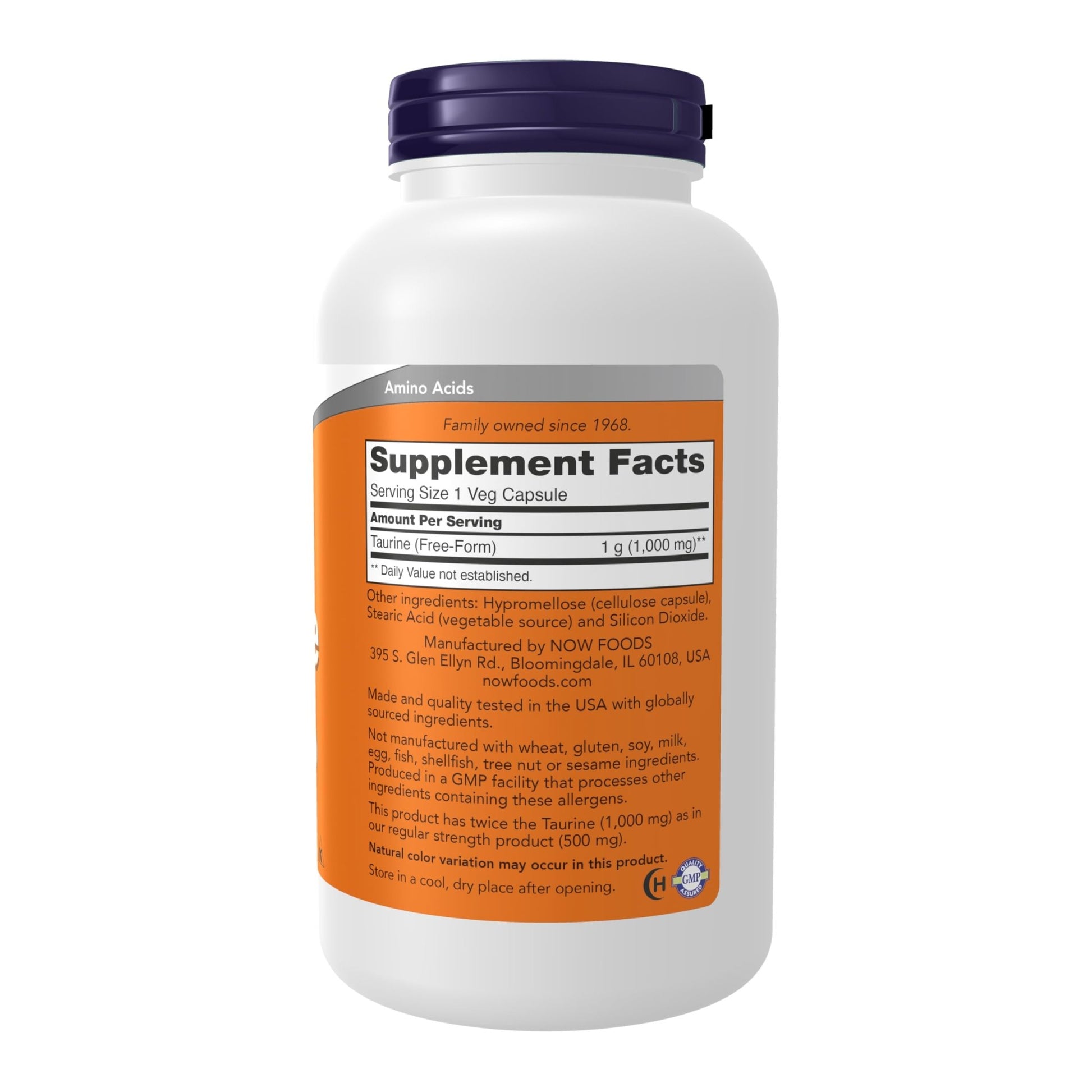 NOW Foods Supplements, Taurine 1,000 mg, Double Strength, Nervous System Health*, 250 Veg Capsules - dailyvitalstore