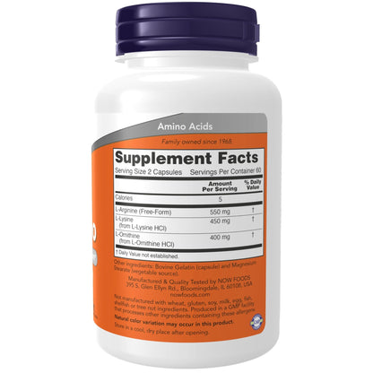 NOW Foods Supplements, Tri-Amino with L-Arginine, L-Ornithine, L-Lysine, Supports Protein Metabolism*, 120 Capsules - dailyvitalstore