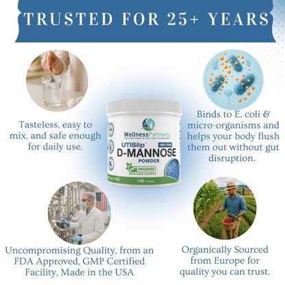 Now New UTI-Slip D Mannose Non GMO Organic Source Powder 130g jar. - dailyvitalstore