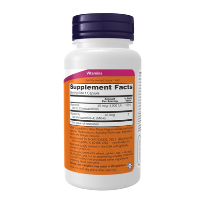NOW Supplements, Vitamin D-3 & K-2, 1,000 IU/45 mcg,Plus Cardiovascular Support*, Supports Bone Health*, 120 veg Capsules - dailyvitalstore