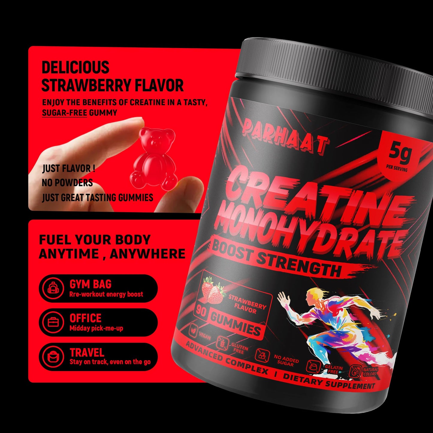 NSF Certified Creatine Gummy - Creatine Monohydrate Gummies 5g for Men & Women - Boost Focus,Strength, and Endurance, Vegan, Gluten-Free, Non-GMO, 2.5 Gram Creatine - dailyvitalstore