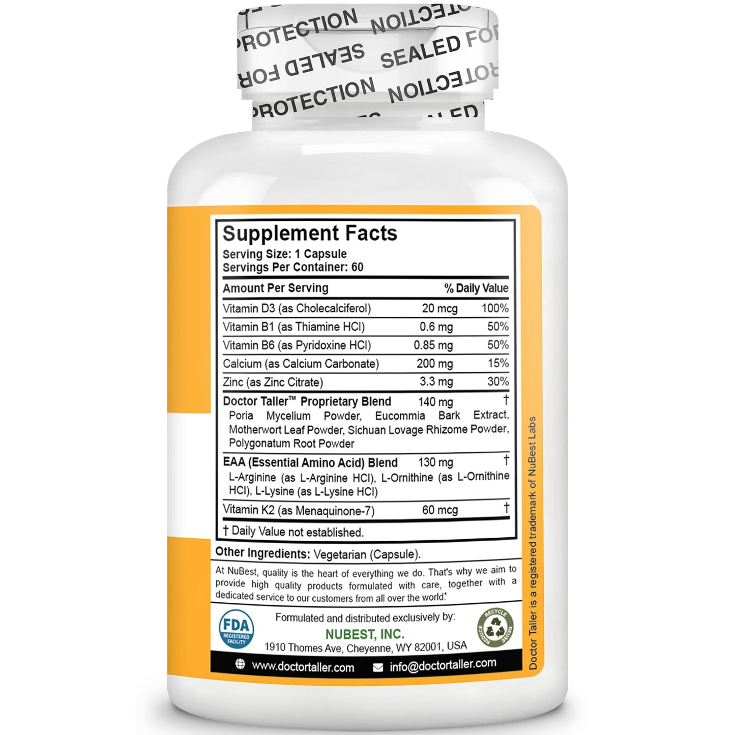 NuBest Doctor Taller - Bone Strength Supports, Enhance Immune System - Keto with Calcium, Vitamin D3, Vitamin K2, Amino Acids & Herbs for Children (8+) - 60 Vegan Capsules | 1 Month Supply - dailyvitalstore