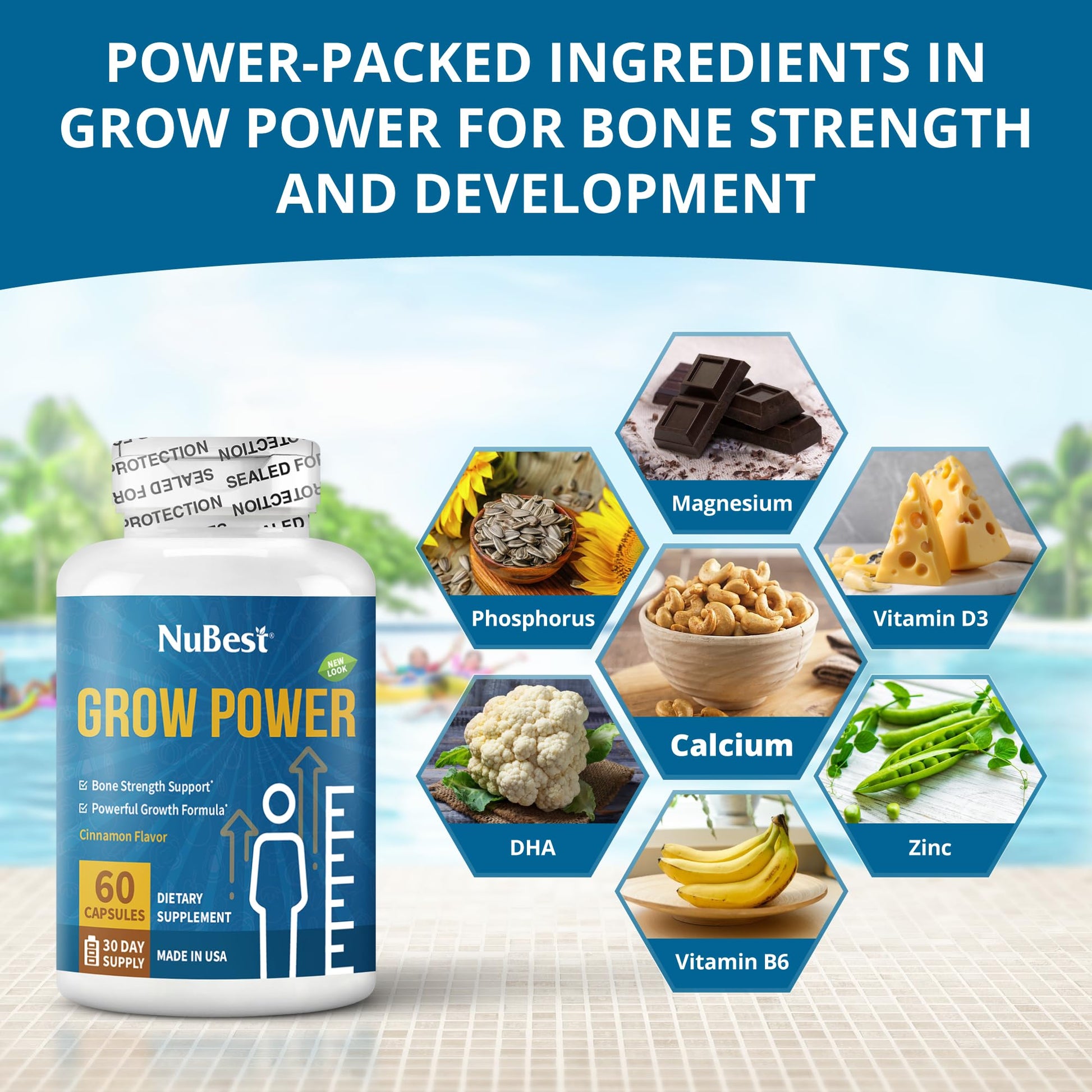 NuBest Grow Power - Calcium Supplement, Magnesium Supplement with Vitamin D3, B6, Zinc, Phosphorus and Multivitamin for Strong Bones, Overall Health for Age 10+ | 60 Capsules | 1 Month Supply - dailyvitalstore