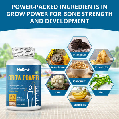 NuBest Grow Power - Calcium Supplement, Magnesium Supplement with Vitamin D3, B6, Zinc, Phosphorus and Multivitamin for Strong Bones, Overall Health for Age 10+ | 60 Capsules | 1 Month Supply - dailyvitalstore
