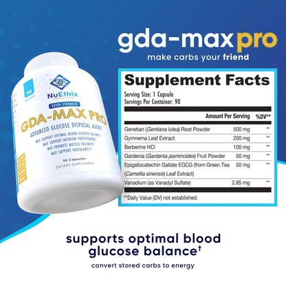 NuEthix Formulations GDA-MAX PRO, Double Berbine HCL Supplement, Supports Glucose Metabolism, Weight Management, Immune Support, Heart Health - Non GMO, Gluten Free, Dairy Free, 90 Count - dailyvitalstore