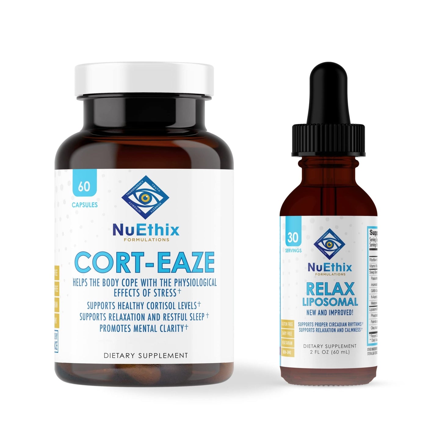 NuEthix Formulations Relaxation Supplement Bundle: Cort-Eaze Cortisol-Control Supplement, 60 Capsules, 30 Servings and Relax Liposomal, 2 Fluid Ounces, 30 Servings - dailyvitalstore
