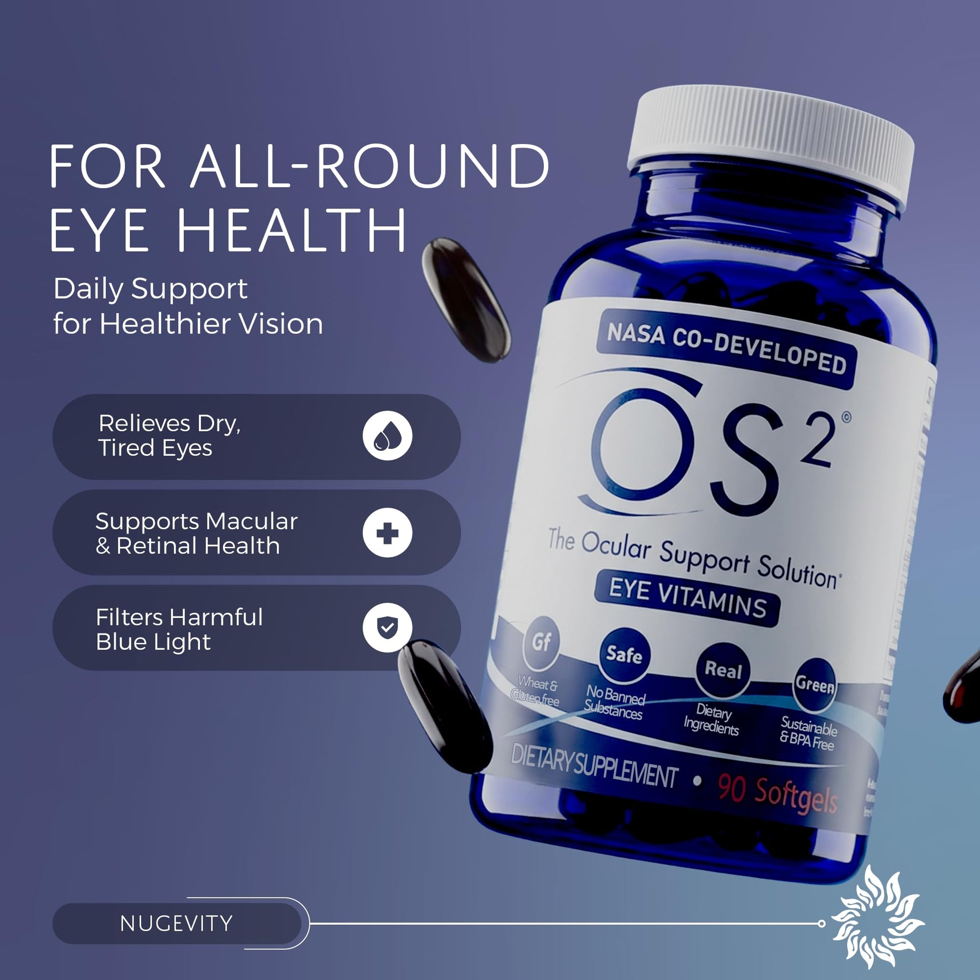 Nugevity OS2 Ocular Support Solution - Patented Eye Vitamins for Macular Health, Dry Eye and Blue Light - Lutein, Zeaxanthin, Omega 3, Astaxanthin and AREDS2 Supplements, Co-Developed by NASA, 90 ct - dailyvitalstore