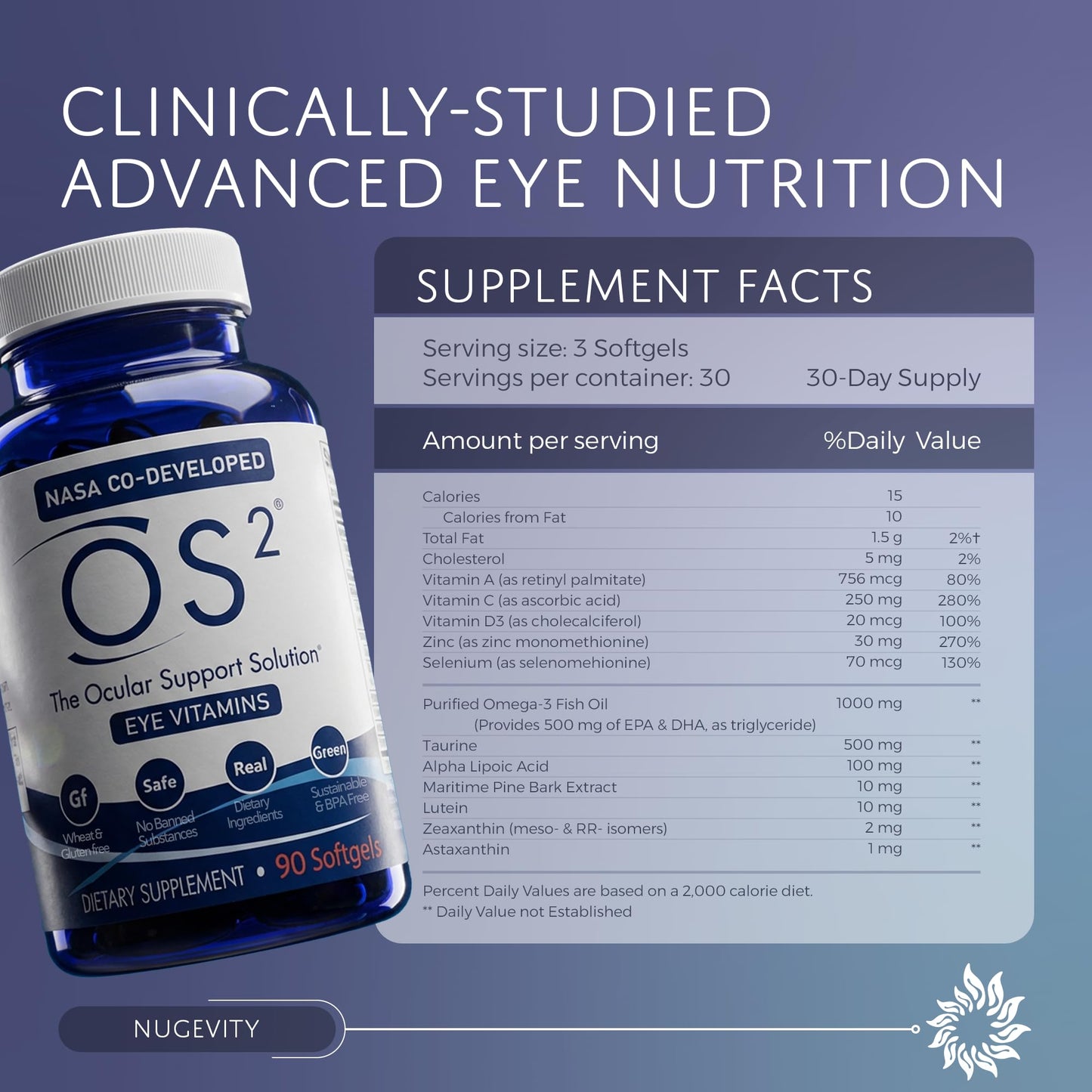 Nugevity OS2 Ocular Support Solution - Patented Eye Vitamins for Macular Health, Dry Eye and Blue Light - Lutein, Zeaxanthin, Omega 3, Astaxanthin and AREDS2 Supplements, Co-Developed by NASA, 90 ct - dailyvitalstore