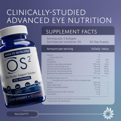 Nugevity OS2 Ocular Support Solution - Patented Eye Vitamins for Macular Health, Dry Eye and Blue Light - Lutein, Zeaxanthin, Omega 3, Astaxanthin and AREDS2 Supplements, Co-Developed by NASA, 90 ct - dailyvitalstore