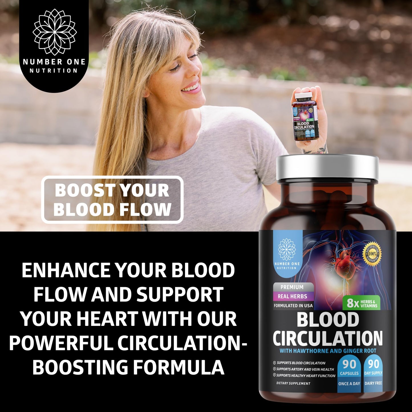 Number One Nutrition Premium Blood Circulation Supplement for Women and Men [8 Powerful Herbs & Vitamins] All Natural Blood Flow Supplement with Hawthorn, Butchers Broom and Cayenne Pepper, 90 Caps - dailyvitalstore
