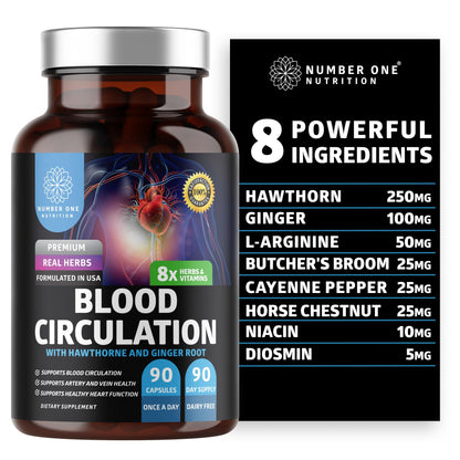 Number One Nutrition Premium Blood Circulation Supplement for Women and Men [8 Powerful Herbs & Vitamins] All Natural Blood Flow Supplement with Hawthorn, Butchers Broom and Cayenne Pepper, 90 Caps - dailyvitalstore