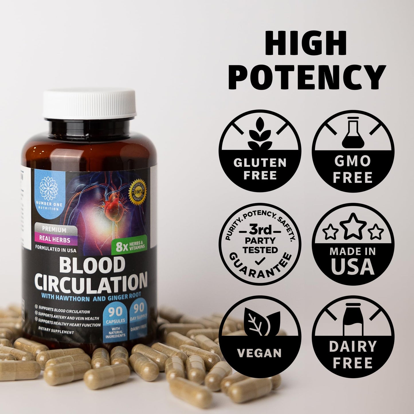 Number One Nutrition Premium Blood Circulation Supplement for Women and Men [8 Powerful Herbs & Vitamins] All Natural Blood Flow Supplement with Hawthorn, Butchers Broom and Cayenne Pepper, 90 Caps - dailyvitalstore