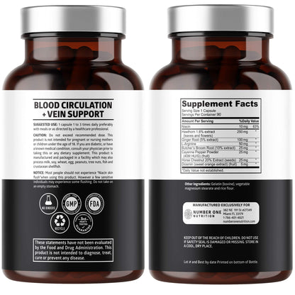 Number One Nutrition Premium Blood Circulation Supplement for Women and Men [8 Powerful Herbs & Vitamins] All Natural Blood Flow Supplement with Hawthorn, Butchers Broom and Cayenne Pepper, 90 Caps - dailyvitalstore