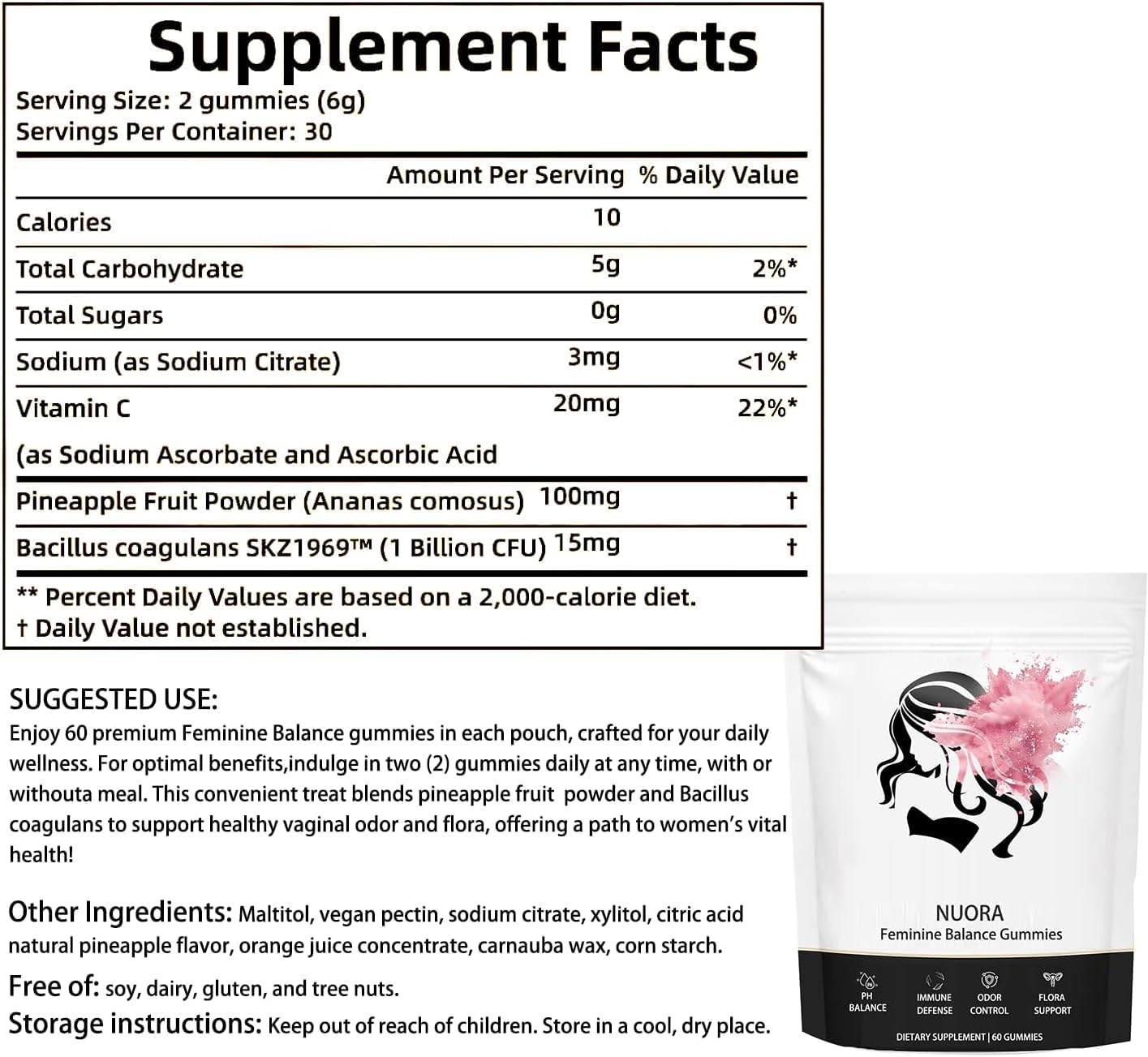 nuora Feminine Balance Gummies, Vegan Hawaiian Pineapple, pH Balance, Healthy Odor, Flora and Immune Support, - dailyvitalstore