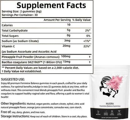 nuora Feminine Balance Gummies, Vegan Hawaiian Pineapple, pH Balance, Healthy Odor, Flora and Immune Support, - dailyvitalstore