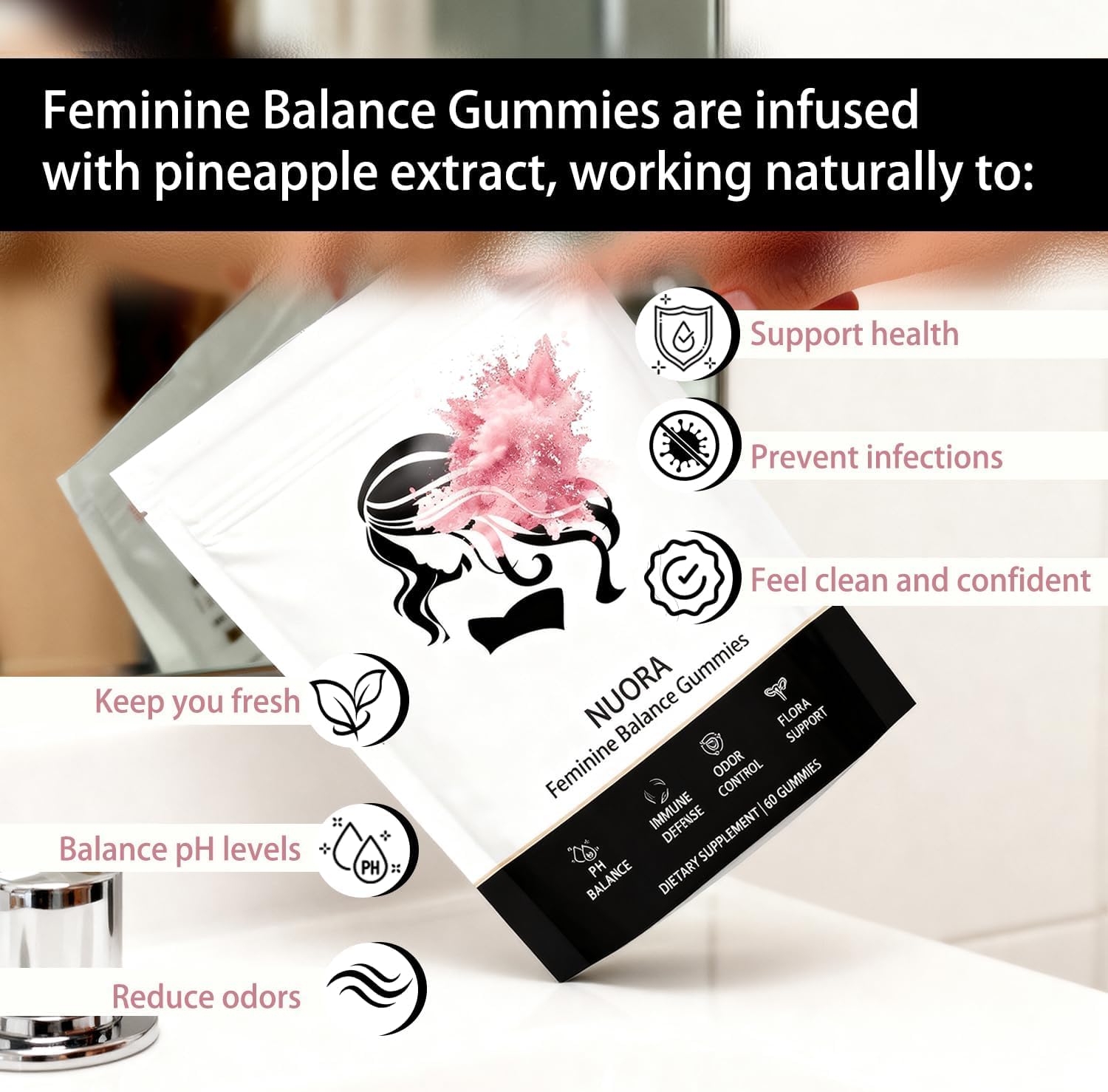 nuora Feminine Balance Gummies, Vegan Hawaiian Pineapple, pH Balance, Healthy Odor, Flora and Immune Support, - dailyvitalstore