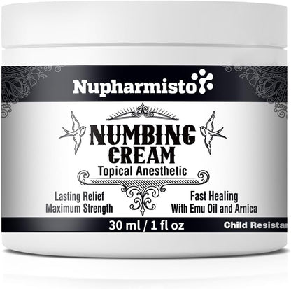 Nupharmisto Numbing Cream Maximum Strength : Long Lasting Numbing Cream with 5X Numbing - Emu Oil and Arnica 30 ml / 1 fl oz - dailyvitalstore