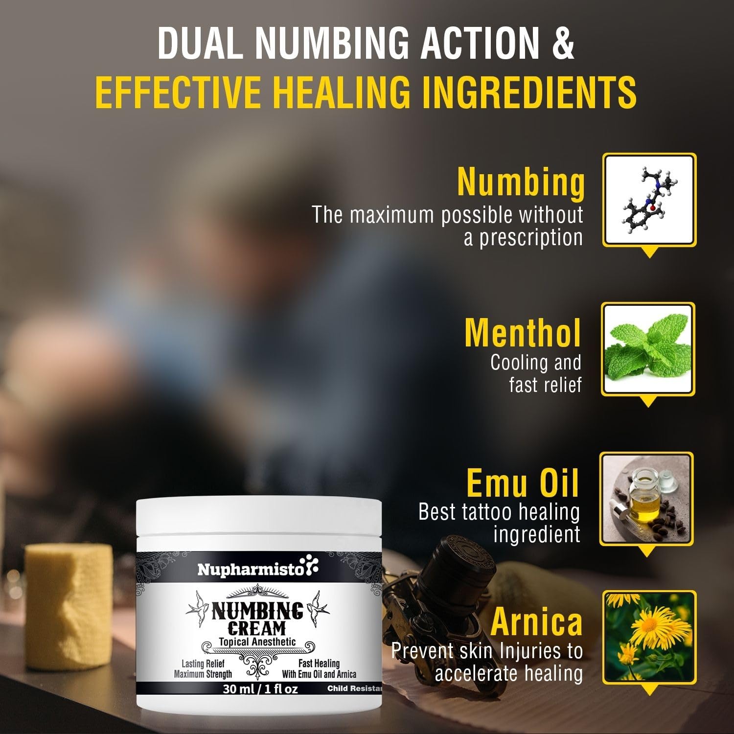 Nupharmisto Numbing Cream Maximum Strength : Long Lasting Numbing Cream with 5X Numbing - Emu Oil and Arnica 30 ml / 1 fl oz - dailyvitalstore