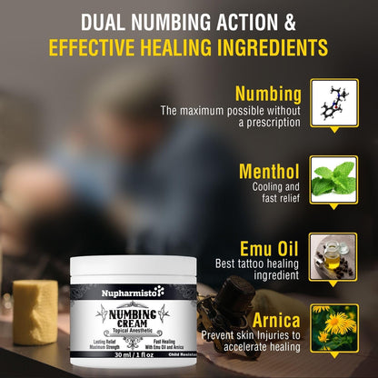 Nupharmisto Numbing Cream Maximum Strength : Long Lasting Numbing Cream with 5X Numbing - Emu Oil and Arnica 30 ml / 1 fl oz - dailyvitalstore