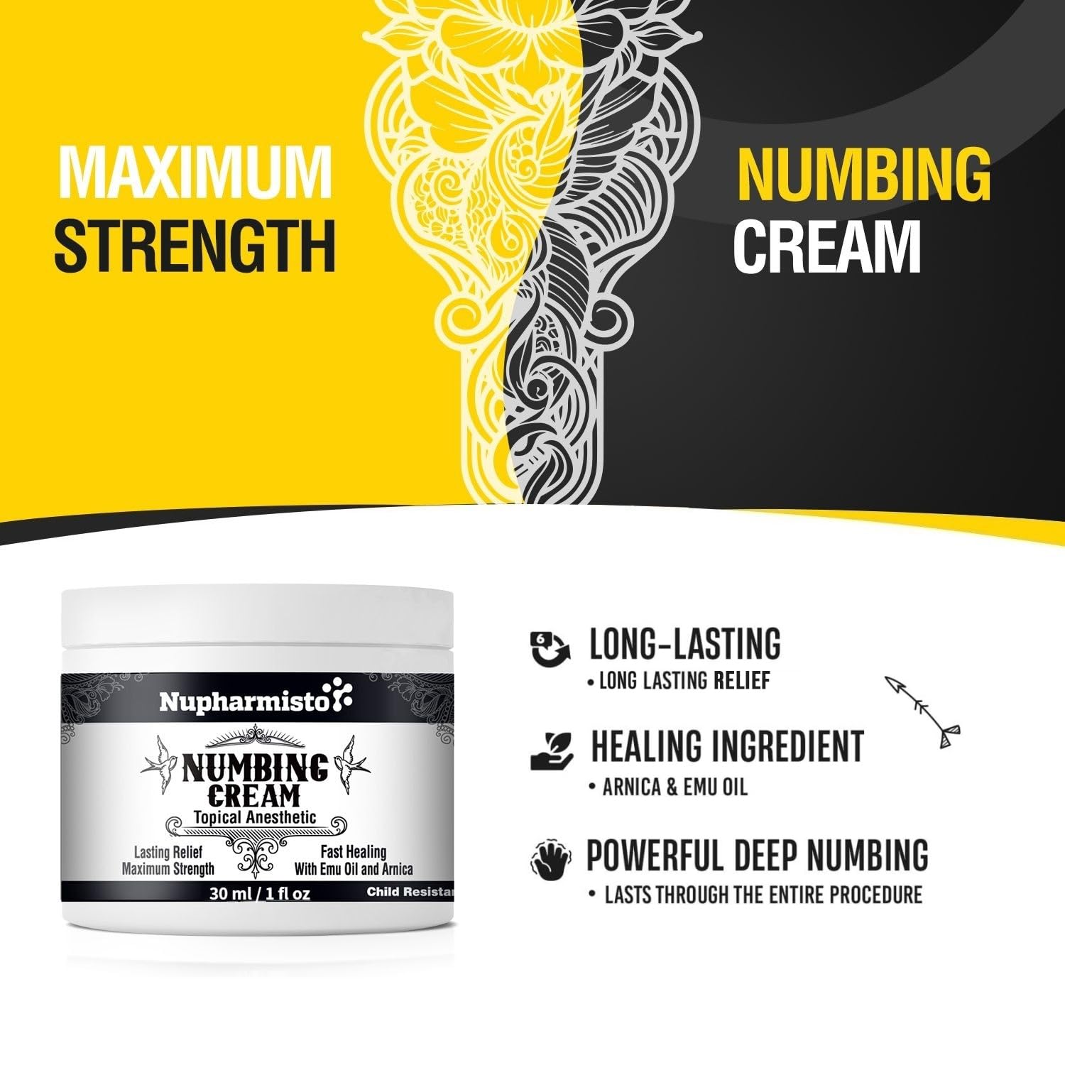 Nupharmisto Numbing Cream Maximum Strength : Long Lasting Numbing Cream with 5X Numbing - Emu Oil and Arnica 30 ml / 1 fl oz - dailyvitalstore