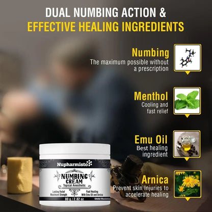 Nupharmisto Numbing Cream Maximum Strength : Long Lasting Numbing Cream with 5X Numbing - Emu Oil and Arnica 80 g / 2.82 oz - dailyvitalstore