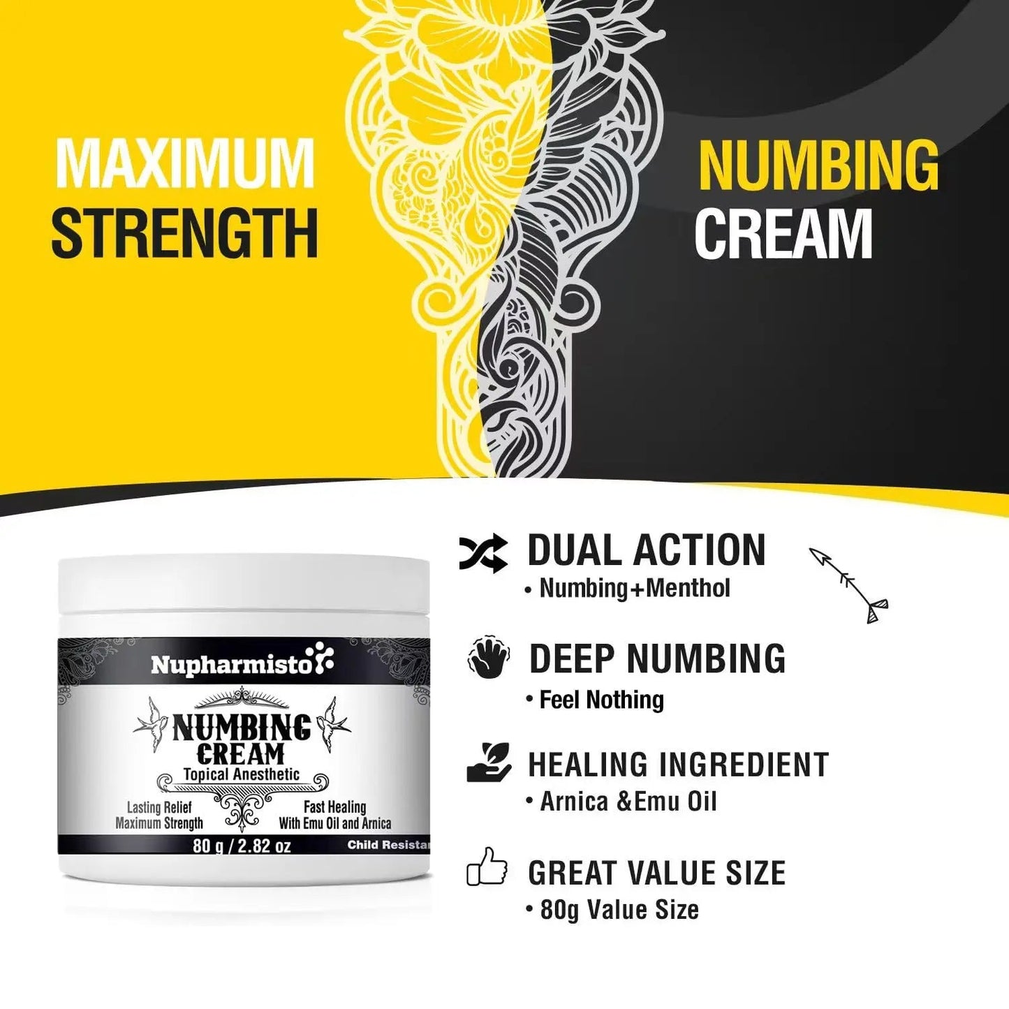 Nupharmisto Numbing Cream Maximum Strength : Long Lasting Numbing Cream with 5X Numbing - Emu Oil and Arnica 80 g / 2.82 oz - dailyvitalstore