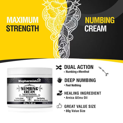 Nupharmisto Numbing Cream Maximum Strength : Long Lasting Numbing Cream with 5X Numbing - Emu Oil and Arnica 80 g / 2.82 oz - dailyvitalstore