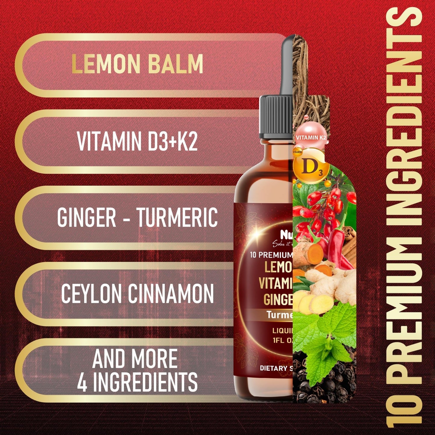 NUQIIT 10in1 Lemon Balm Tincture Blend Includes Vitamin D3, Vitamin K2, Lemon Balm, Ginger, Turmeric, Ceylon Cinnamon and More - 1 FL Oz - 60 Day Supply - dailyvitalstore