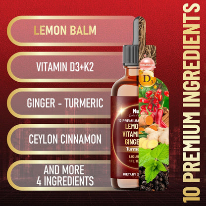 NUQIIT 10in1 Lemon Balm Tincture Blend Includes Vitamin D3, Vitamin K2, Lemon Balm, Ginger, Turmeric, Ceylon Cinnamon and More - 1 FL Oz - 60 Day Supply - dailyvitalstore