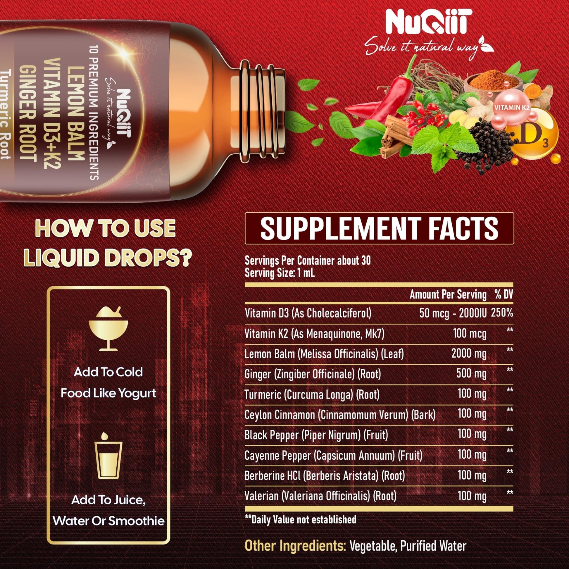 NUQIIT 10in1 Lemon Balm Tincture Blend Includes Vitamin D3, Vitamin K2, Lemon Balm, Ginger, Turmeric, Ceylon Cinnamon and More - 1 FL Oz - 60 Day Supply - dailyvitalstore