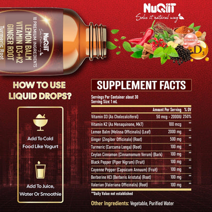 NUQIIT 10in1 Lemon Balm Tincture Blend Includes Vitamin D3, Vitamin K2, Lemon Balm, Ginger, Turmeric, Ceylon Cinnamon and More - 1 FL Oz - 60 Day Supply - dailyvitalstore