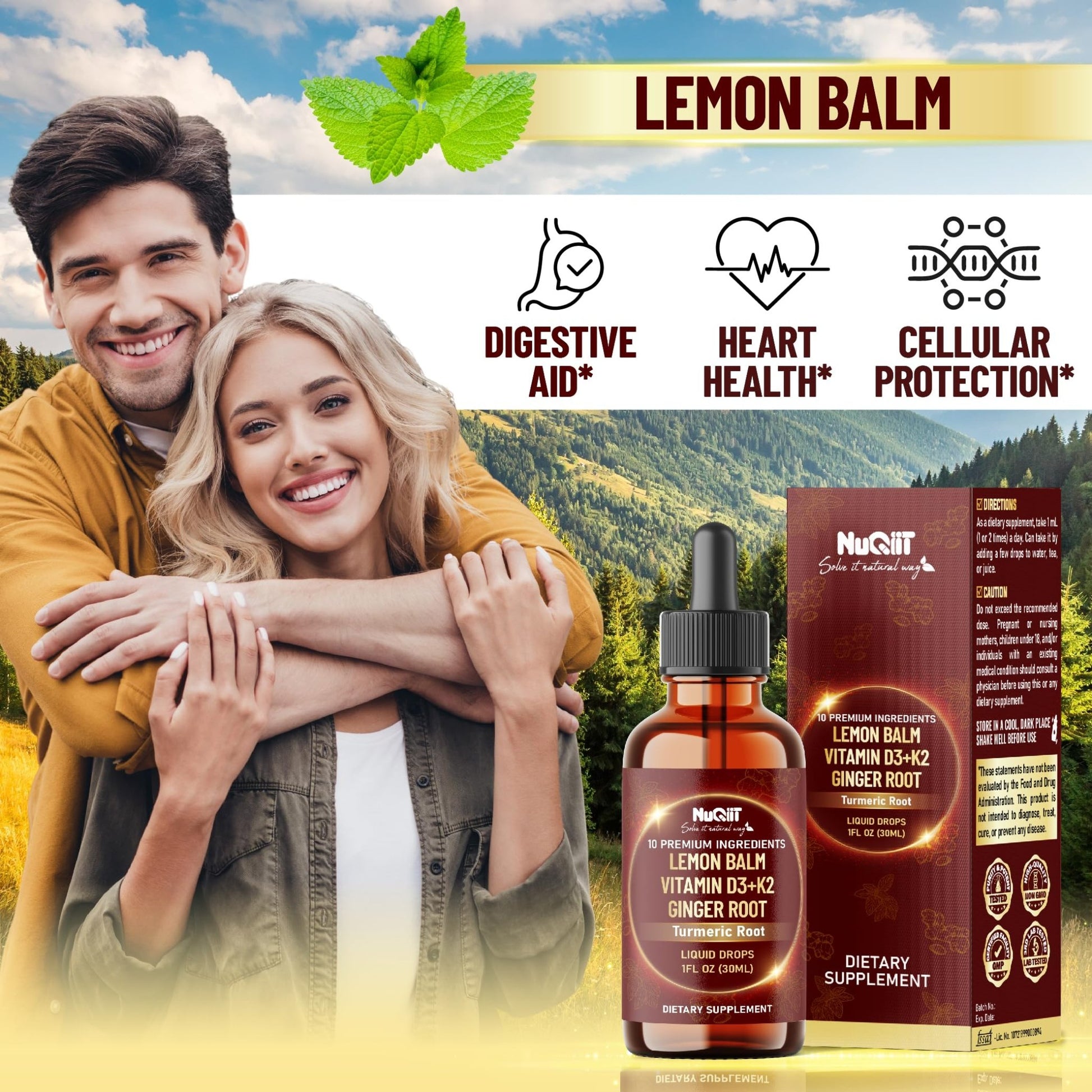 NUQIIT 10in1 Lemon Balm Tincture Blend Includes Vitamin D3, Vitamin K2, Lemon Balm, Ginger, Turmeric, Ceylon Cinnamon and More - 1 FL Oz - 60 Day Supply - dailyvitalstore