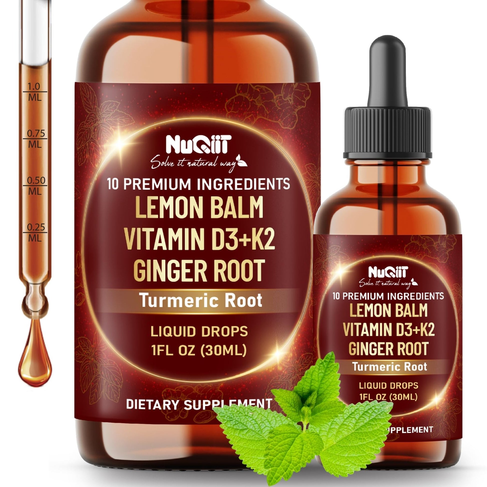 NUQIIT 10in1 Lemon Balm Tincture Blend Includes Vitamin D3, Vitamin K2, Lemon Balm, Ginger, Turmeric, Ceylon Cinnamon and More - 1 FL Oz - 60 Day Supply - dailyvitalstore