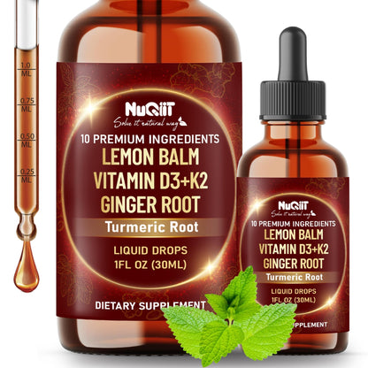 NUQIIT 10in1 Lemon Balm Tincture Blend Includes Vitamin D3, Vitamin K2, Lemon Balm, Ginger, Turmeric, Ceylon Cinnamon and More - 1 FL Oz - 60 Day Supply - dailyvitalstore